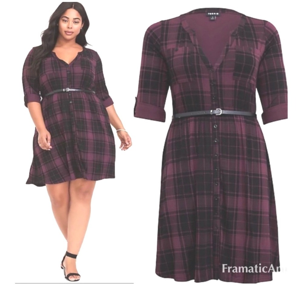 Torrid Womens 2X 18-20 Burgundy Black Plaid Jersey Shirt Dress NWT